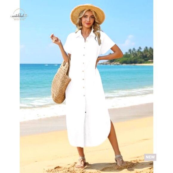 Summer Casual Long Shirt Dress with Pockets, Button Down, V-Neck - Picture 4 of 7